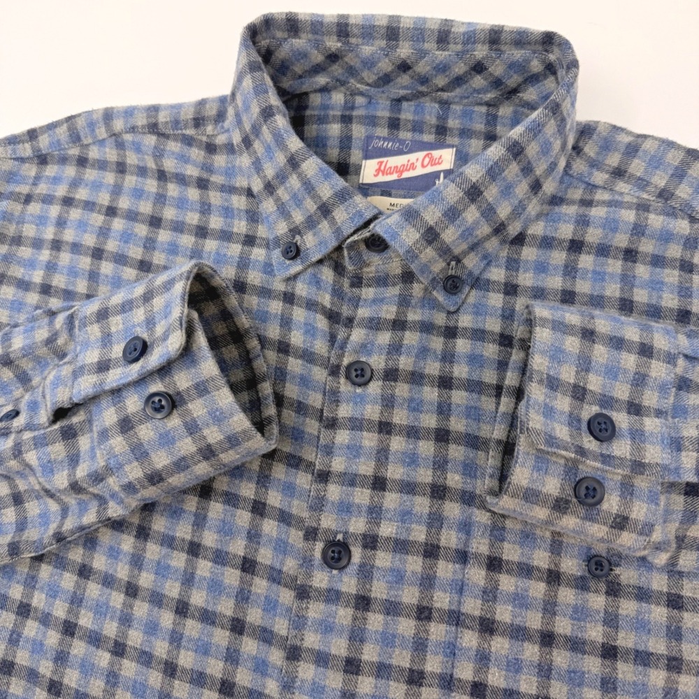 Johnnie-O Hangin Out Mens Medium Blue Gray Plaid Flannel Button Down Shirt